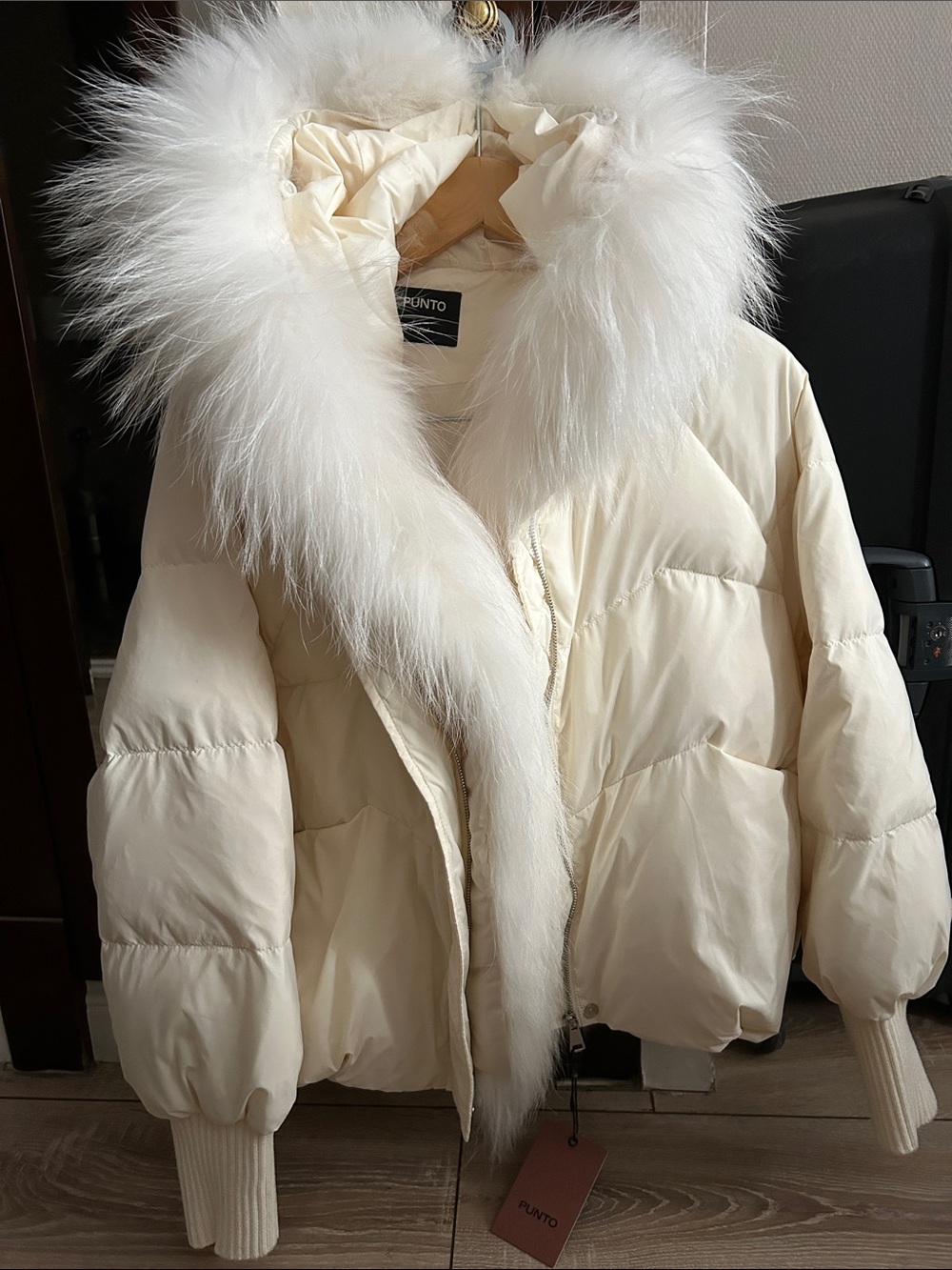 Women's Cream Down Puffer Jacket with Removable Raccoon Fur Trim
